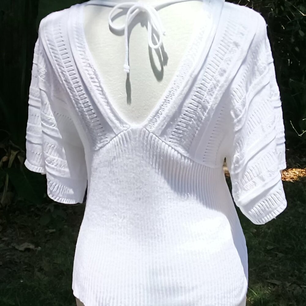 Womens Gorgeous Knitted White Deep V Front Off The Shoulders Knit Neck Tie Top🌼 - Picture 15 of 16